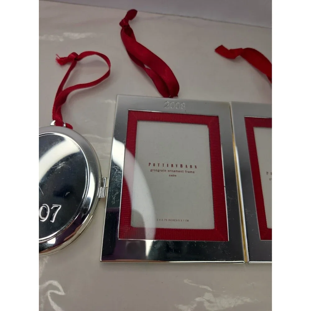 6 Pc Pottery Barn Silver Frame Ornament Lot 2005-2010 Mixed Ribbon Locket NEW